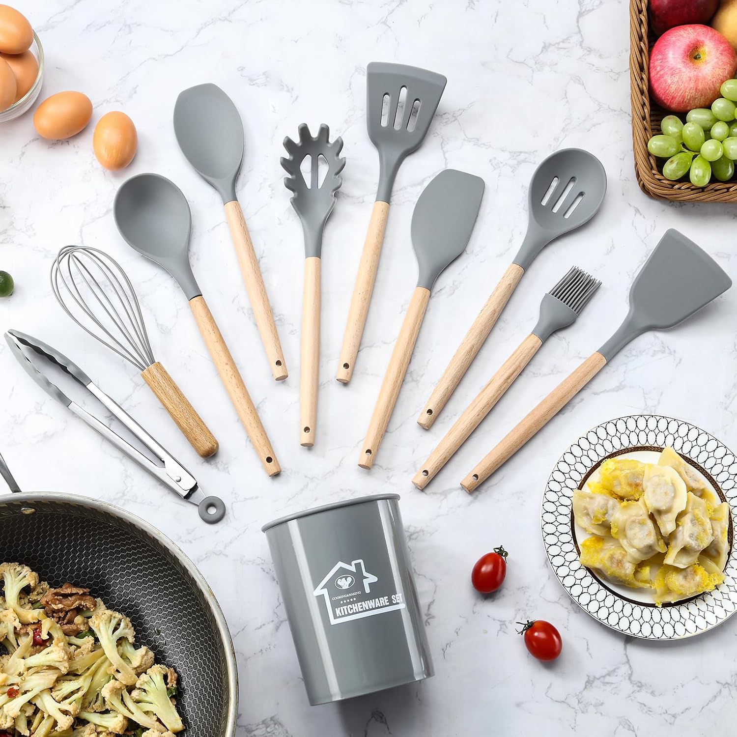 BEWOS 38 Pieces Kitchen Utensils Set with wooden handles and silicone cooking tools